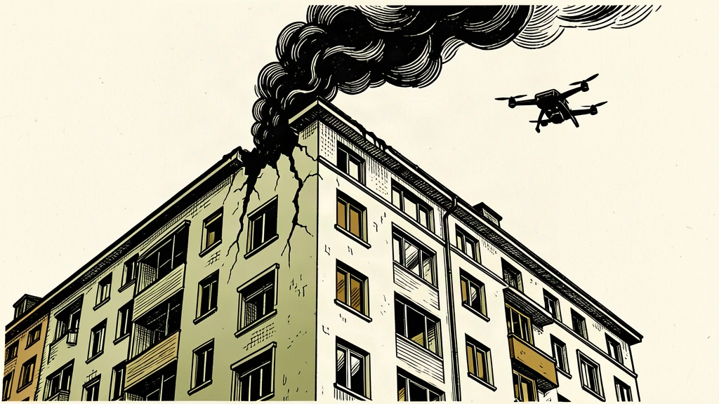 An editorial illustration showing a damaged residential building with a dark smoke plume against a light background.