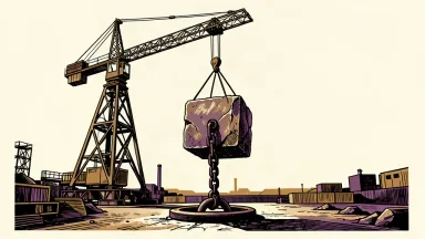A large industrial crane holds a heavy stone block in place with a thick chain anchored to the ground, representing a formal pause in a large-scale project.