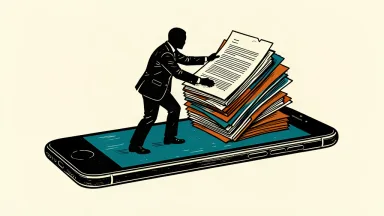 A silhouette of a person in a suit pushes a stack of filing papers off the edge of a large smartphone.