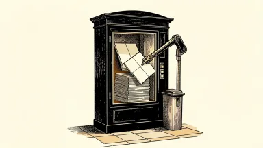 News Corp stock buy-back: a newspaper vending box using a mechanical arm to pull a tile representing a share back into its own storage.