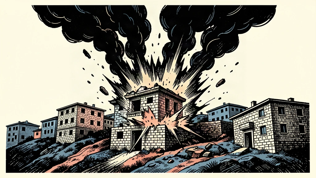An editorial illustration of a massive explosion in a hillside village, showing a building rupturing into smoke and debris.
