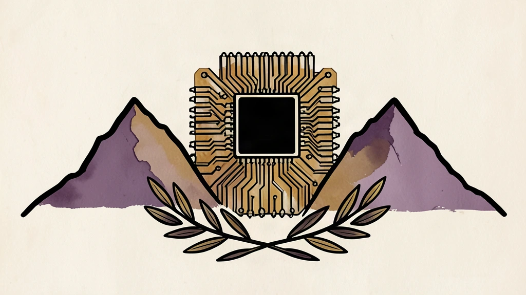 A linocut illustration of an AI chip positioned between two mountain peaks with an olive branch in the foreground.
