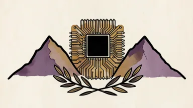 A linocut illustration of an AI chip positioned between two mountain peaks with an olive branch in the foreground.