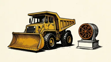 Caterpillar leadership transition depicted by a mining truck and a turbine side by side.