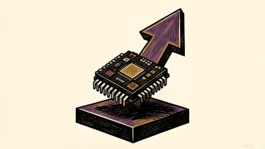 Marvell semiconductor chip being lifted by a large upward-pointing arrow, representing a stock upgrade.