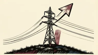 Black Hills Corp upgraded to Buy: an electrical transmission tower stands on a hill beside a large upward-pointing arrow.