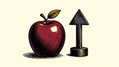 JP Morgan raises Apple price target; a red apple with an upward arrow beside it.