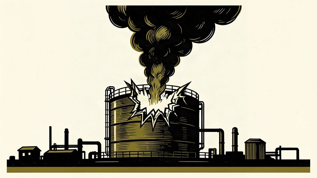 An editorial illustration of a ruptured industrial oil tank with smoke rising from a jagged hole, representing a drone strike on an energy hub.