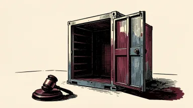 Fluence Energy facing a securities fraud lawsuit: a large empty energy storage cabinet stands open next to a heavy legal gavel.