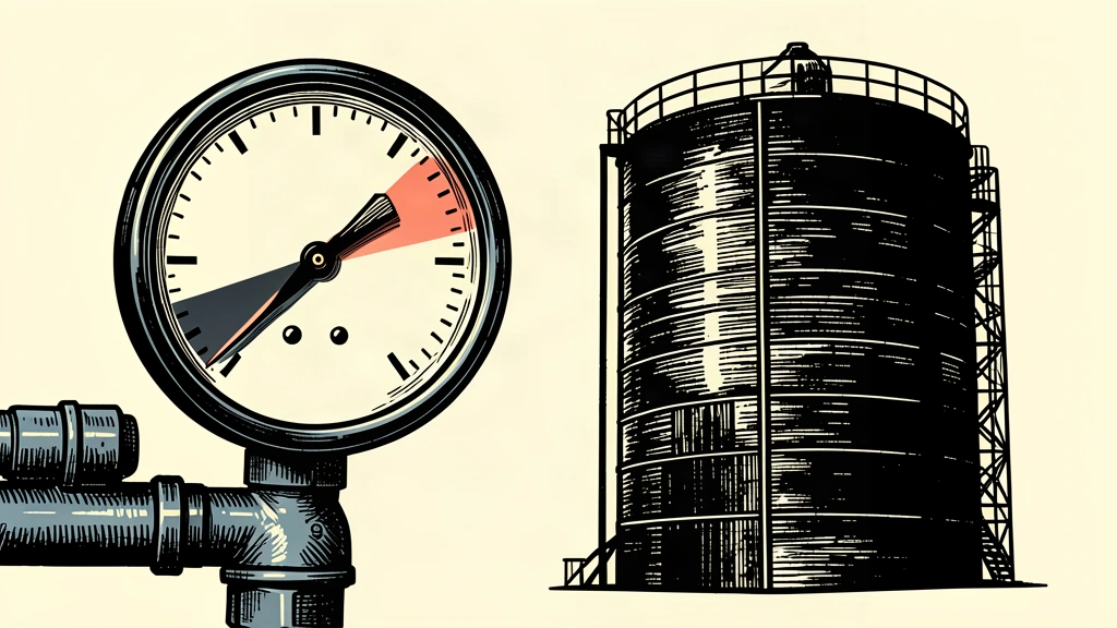 An editorial illustration of a large oil storage tank next to a pressure gauge with the needle pushed to its limit.