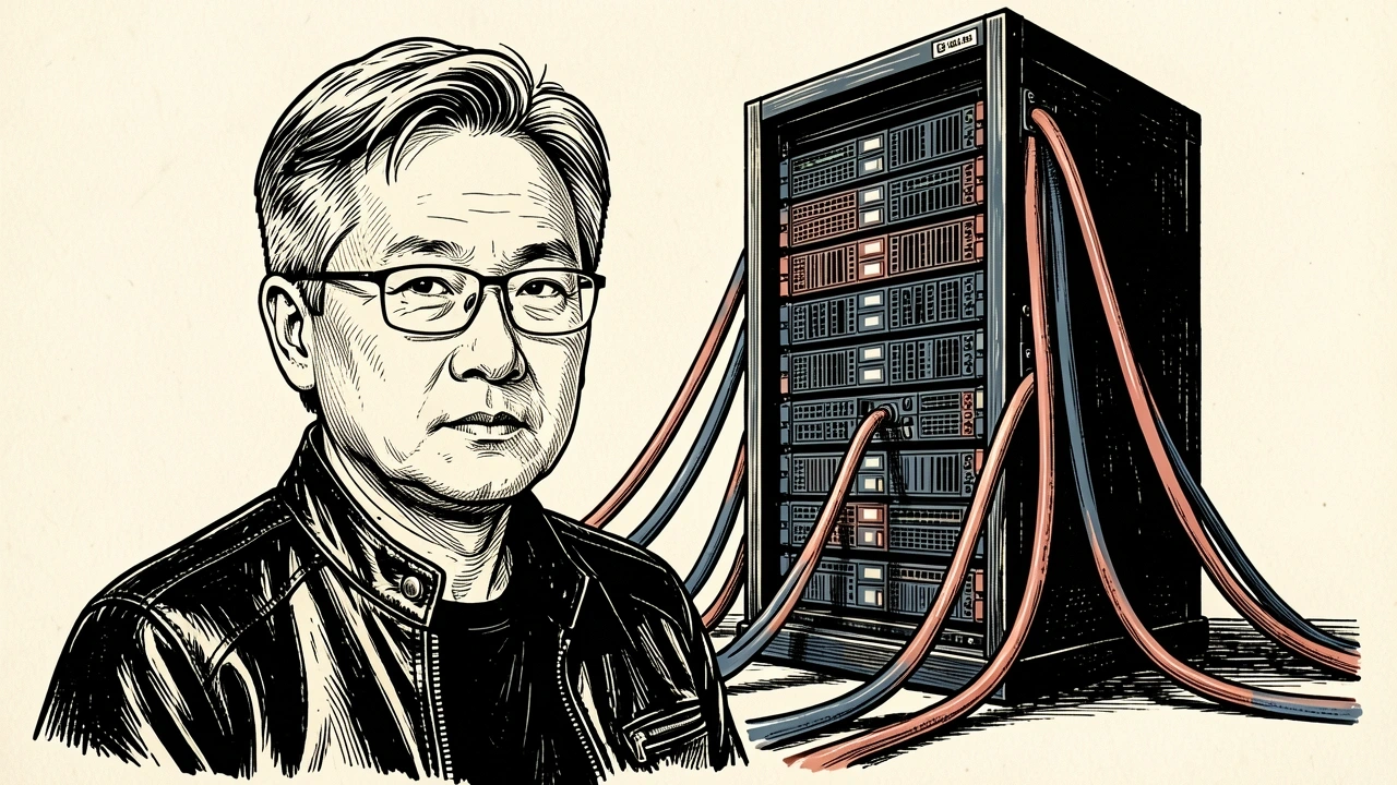 Jensen Huang defends CoreWeave's financial health: a portrait of Huang beside a server rack secured by heavy steel cables. Identity photo references adapted into illustration: Photographer: Peter Dasilva (CC BY 4.0; https://creativecommons.org/licenses/by/4.0); source https://commons.wikimedia.org/wiki/File:Jensen_Huang_(cropped)_(2024).jpg