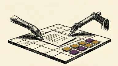 Microsoft's revamped Copilot for corporate users: mechanical arms precisely editing a document and organizing tiles on a large digital surface.
