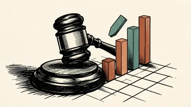 AppLovin faces a securities class action lawsuit: a heavy gavel rests beside a grid of rising data bars where one bar is detached and tilted.