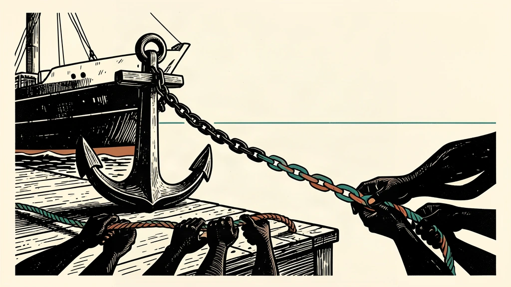 An editorial illustration showing a group of hands pulling a rope away from a large anchored ship to represent Canada seeking economic independence.