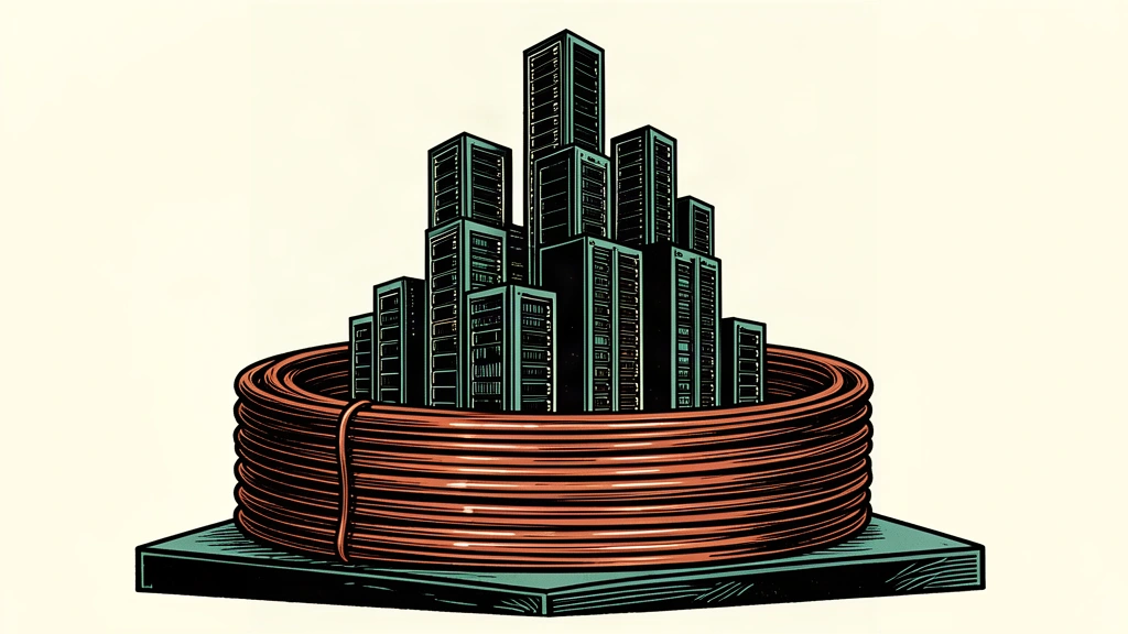 A massive coil of copper wire serves as the foundation for a rising cluster of server racks, illustrating the link between raw materials and data center growth.