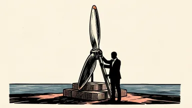 Curtiss-Wright executive transition: a silhouette of a person supports a large aerospace propeller blade on a pedestal.