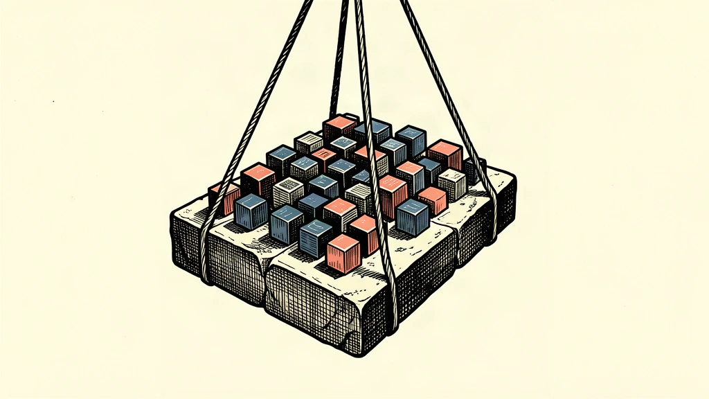 A heavy stone platform carrying a cluster of blocks is hoisted upward by cables to represent a market advance.