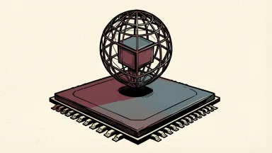 AMD acquiring World Labs: a blank computer processor chip serves as the foundation for a rising three-dimensional wireframe model of a sphere and cube.