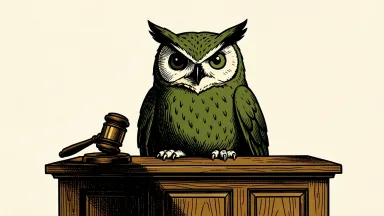 Duolingo faces a securities fraud class action: a green owl mascot stands behind a courtroom witness stand near a large gavel.