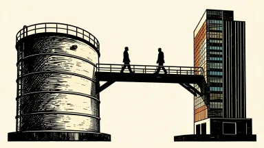 Chevron executive leadership rotation: two silhouettes cross a bridge connecting a large oil storage tank to a corporate office building.