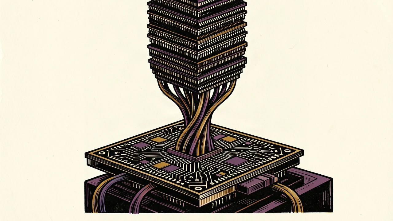 Trio-Tech semiconductor revenue growth: a stack of chips rising from a testing platform on a pillar of cables.