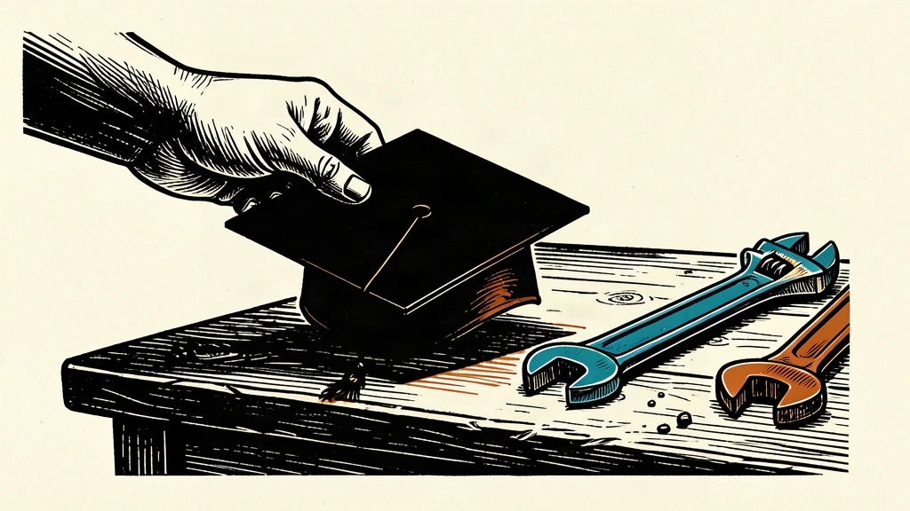 A conceptual illustration showing a graduation cap being placed onto a workbench next to industrial tools.