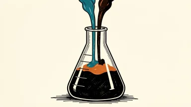 Vaxcyte secures $1.15 billion in funding: three streams of ink flow into a large laboratory flask, symbolizing the closing of concurrent financial offerings.