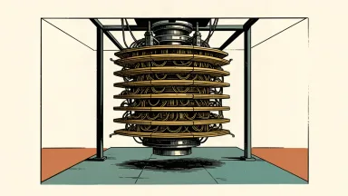 An illustration of a complex quantum computer cooling unit suspended in a clean, modern space.