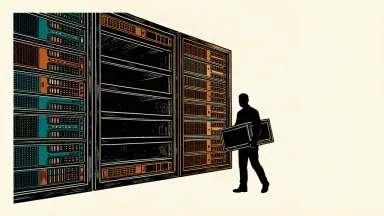 An editorial illustration showing a worker removing a server unit from a large rack, leaving dark empty spaces to represent corporate layoffs.