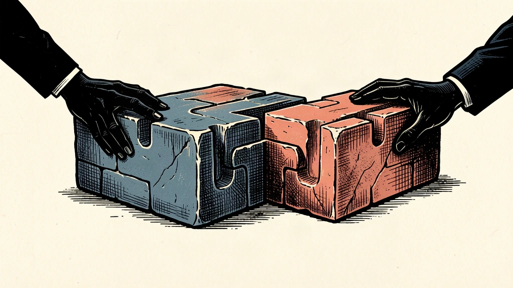 An editorial illustration showing two heavy stone blocks with interlocking grooves being pushed together to form a unified foundation.