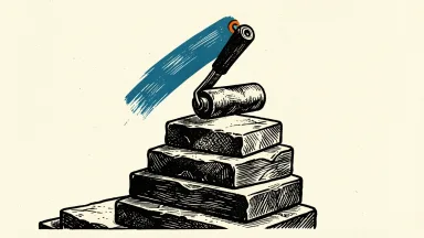 RPM International outlook: an industrial paint roller rests on a rising stack of stone slabs, leaving a single blue stroke on the top surface.