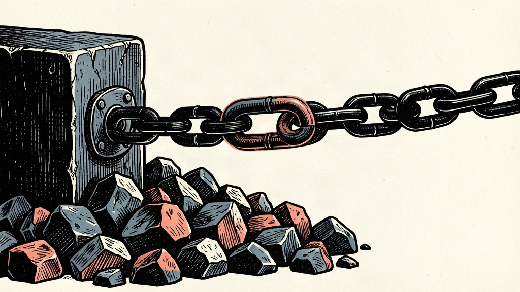 A heavy black chain tightly binds a pile of raw nickel ore, representing the restrictive impact of new sanctions on the sector.