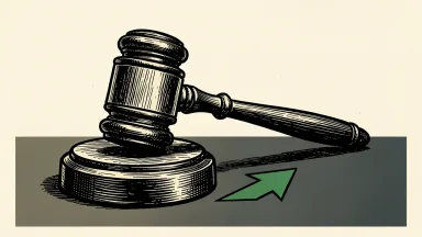 A gavel on a surface next to a small green upward arrow, representing market cheer after a Fed official avoids inflation talk.