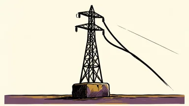 FirstEnergy price target lowered by Barclays: a large electrical transmission tower with a cable anchored to a heavy stone block on the ground.