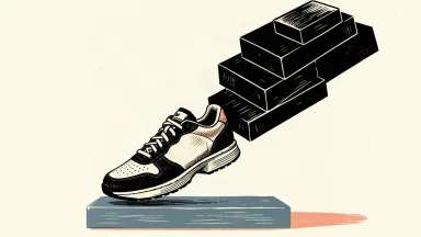 Nike stock under pressure as analyst sentiment hits a multi-decade low: a sneaker on a tilting platform weighed down by heavy blocks.