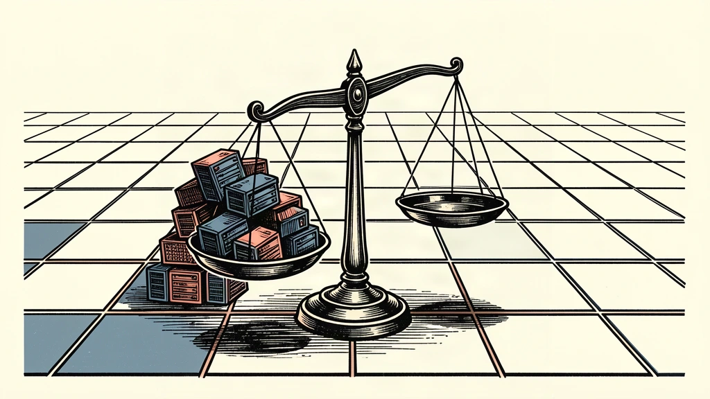 An editorial illustration showing a heavy balance scale sitting on a grid of blank tiles; the scale is tipped heavily by a pile of hardware on one side, while the other side remains empty.