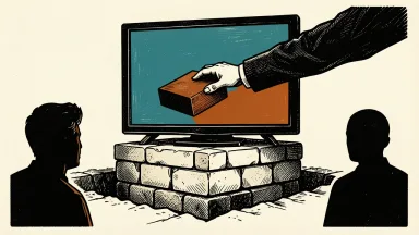 Netflix upgraded to Buy by Deutsche Bank despite a lowered price target: a heavy block is added to a television screen as its base is lowered into a trench.