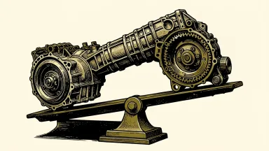 BorgWarner stock upgraded to Overweight: a heavy automotive transmission assembly outweighs smaller engine components on a tilted balance scale.