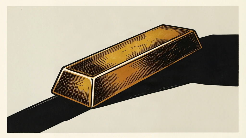 A single gold bar tilting downward into a gap in a flat surface, representing a lower market opening.