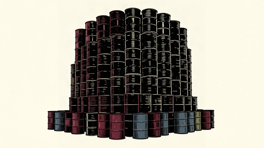 A towering stack of oil drums looms over a small group of barrels, illustrating a massive inventory build.