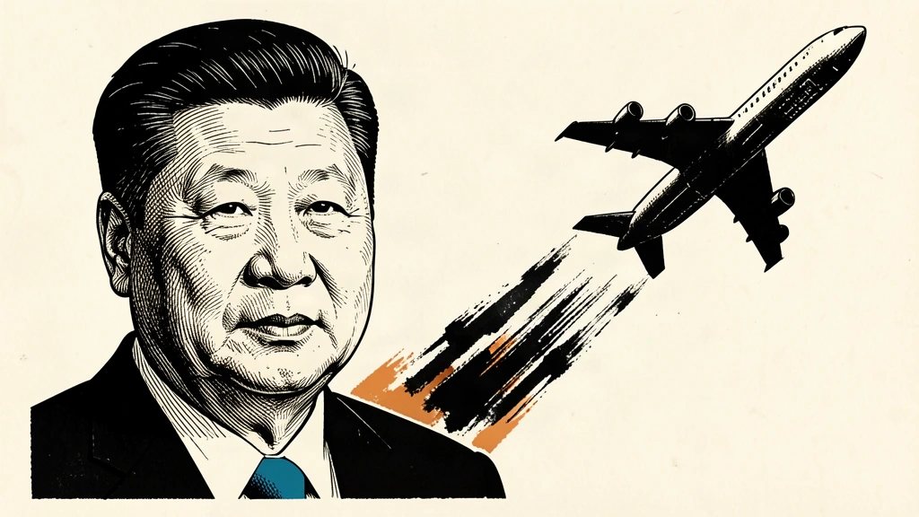 An editorial illustration featuring a portrait of Xi Jinping next to a departing aircraft silhouette. Identity photo references adapted into illustration: Официальный веб-сайт Президента Российской Федерации (CC BY 4.0; https://creativecommons.org/licenses/by/4.0); source https://commons.wikimedia.org/wiki/File:Chinese_President_Xi_May_2024.jpg