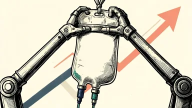 Option Health Care surges on a $5.8 billion takeover: a medical infusion bag is lifted upward by two mechanical arms against a backdrop of rising lines.
