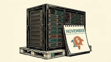 SANGRIX AI project delivery: an industrial server rack on a shipping pallet with a calendar page leaning against it.