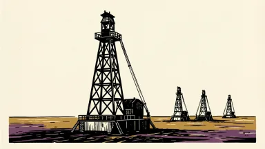 Northern Oil and Gas: an oil derrick on a plain with a smaller cluster of derricks in the distance.
