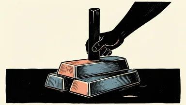 First Majestic Silver price target lowered: a stack of silver bars with a large chisel held against the top bar by silhouette hands.