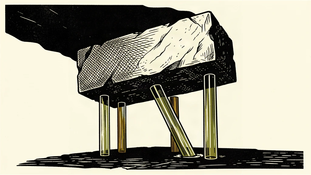 A heavy stone slab is supported by several thin glass pillars, with the central pillar bending under the immense pressure to illustrate a stress test scenario.
