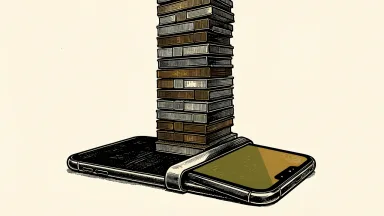 Apple's rumored foldable iPhone: a partially folded smartphone with a tall, dense column of geometric tiles rising from its central hinge.