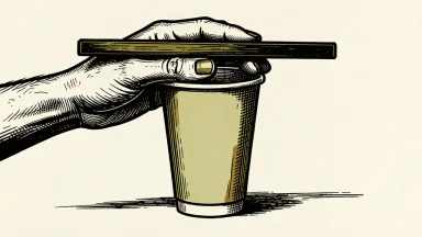 An editorial illustration showing a large hand using a metal bar to press down on a tall paper cup, physically lowering its height to represent a price target cut.
