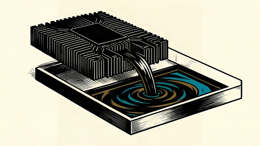 An editorial illustration showing a large computer chip pouring liquid ink into a deep, structured reservoir.
