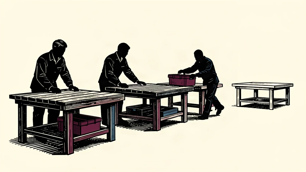An editorial illustration showing a sequence of industrial workstations where a new worker is arriving to occupy a previously vacant bench.